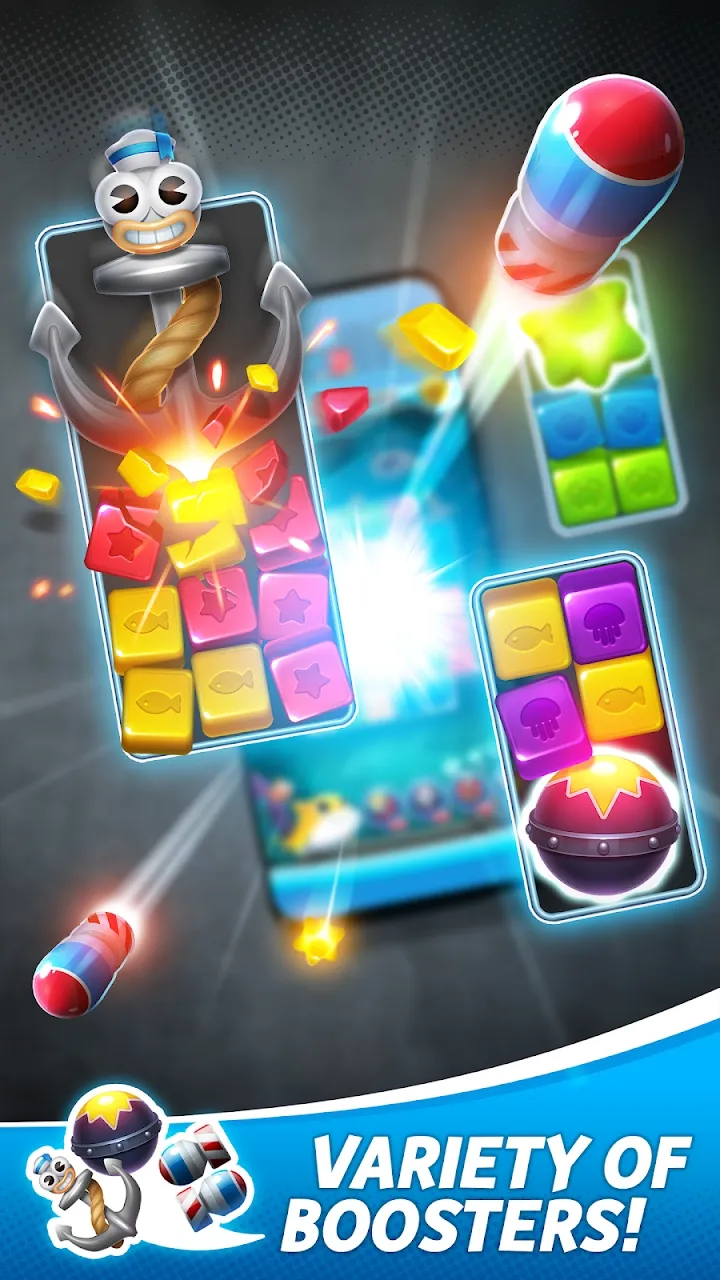 Zrzut ekranu gry Shark Blast z kolorowymi blokami